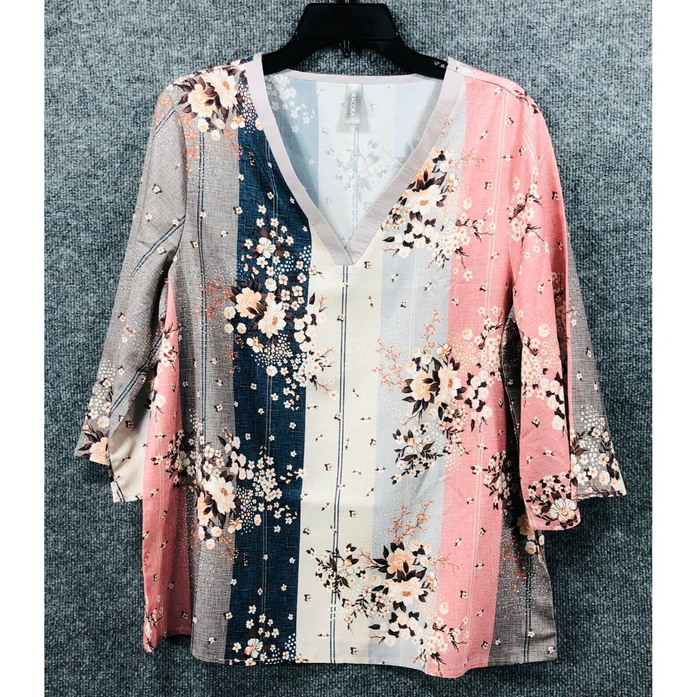 Noracora Blouse Women's Medium Floral‎ Print 3/4 Sleeve Top Striped V-Neck